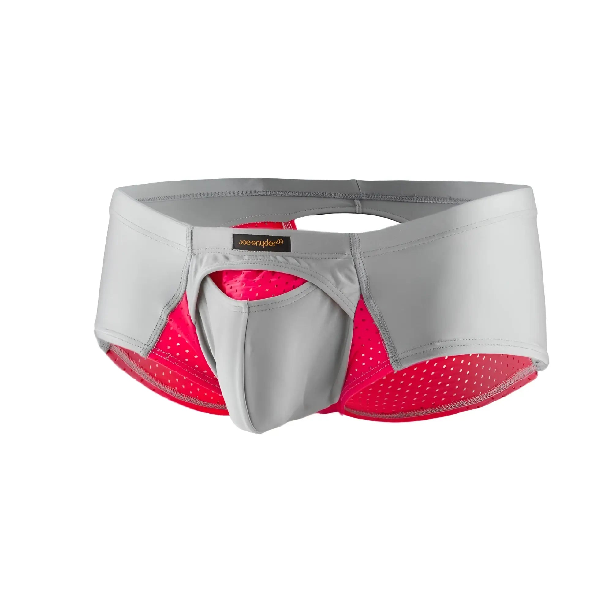 Gray and pink perforated mesh briefs with central pouch design and joes underwear label from joe snyder cheek sexiest