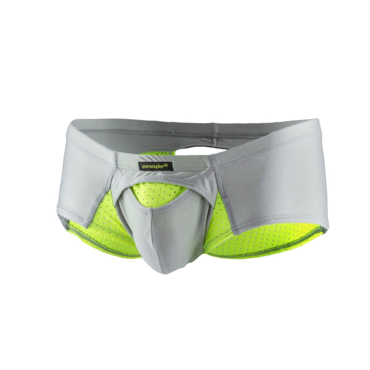 Gray and neon yellow mesh Joe Snyder Cheek Sexiest athletic briefs with supportive contoured design front view