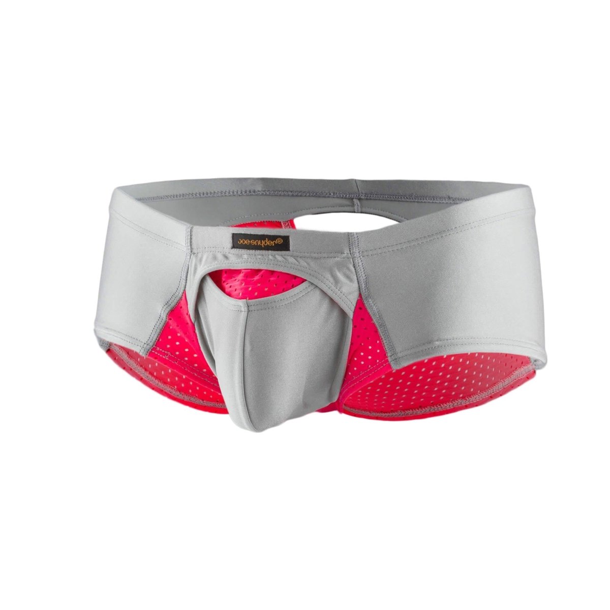 Gray and pink perforated mesh joe s underwear cheek sexiest briefs with central pouch design and branded label