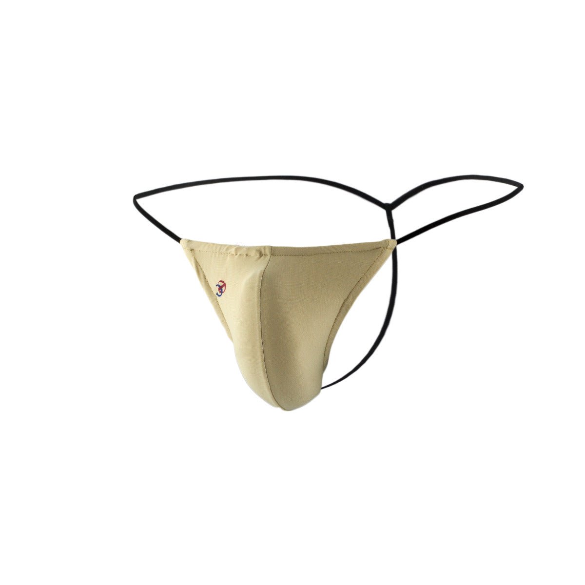 Beige Joe Snyder g-string thong with black elastic straps and small embroidered logo on the side
