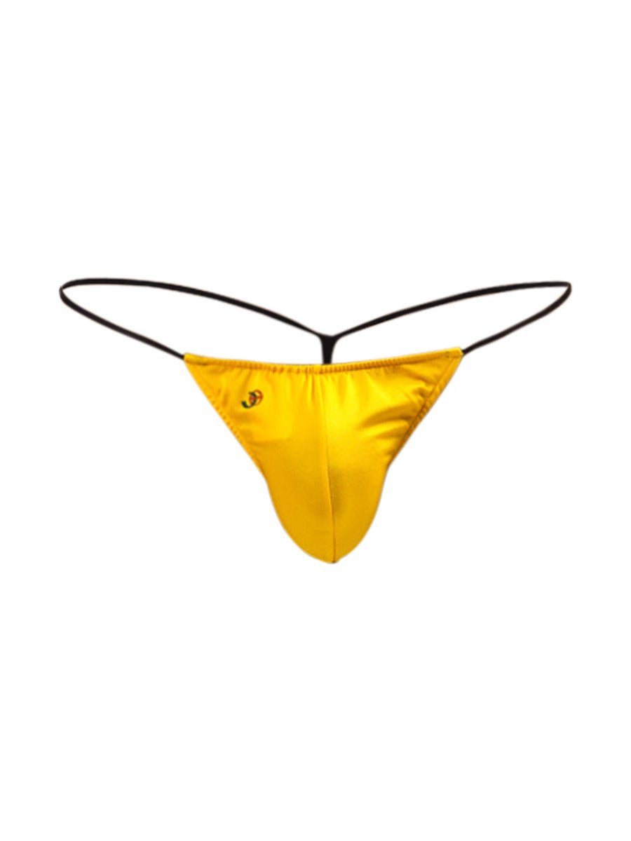 Joe Snyder g-string bright yellow satin thong with black elastic straps showing front view