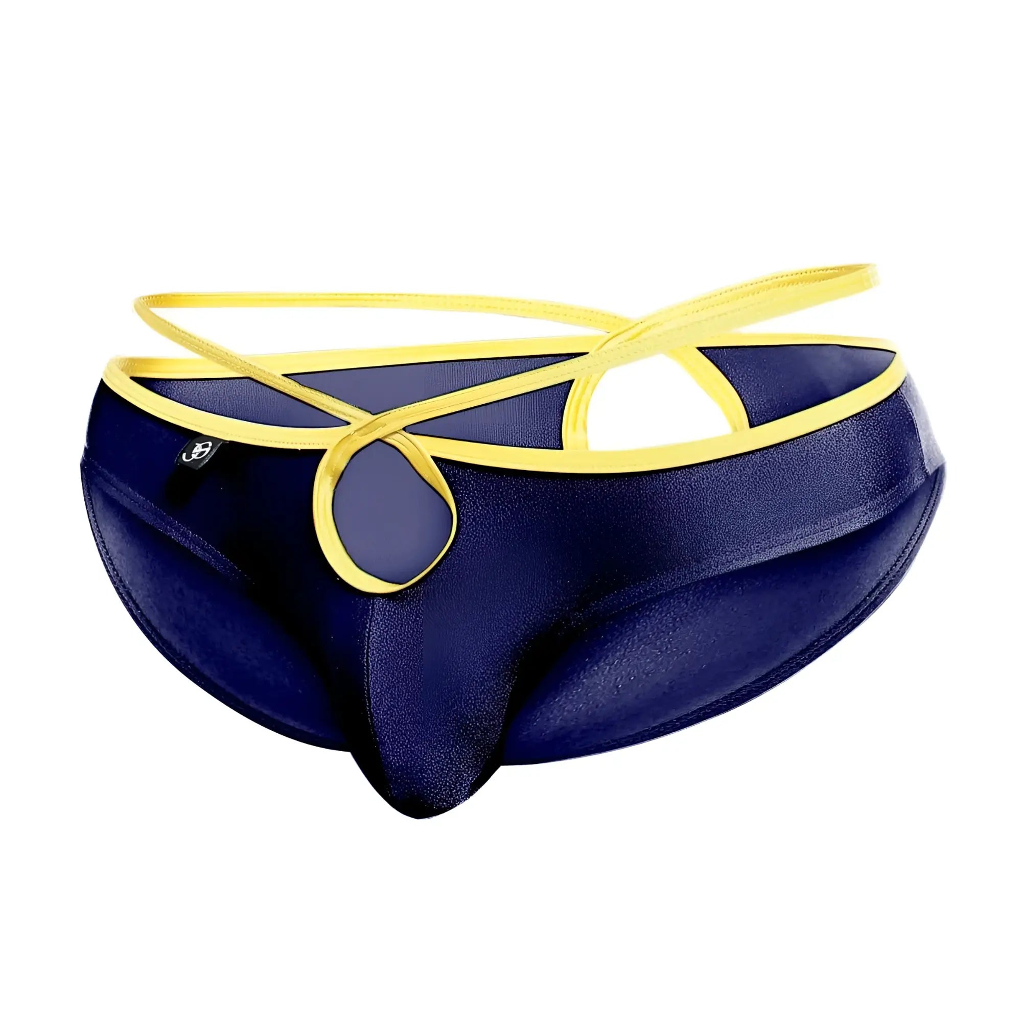 Navy blue satin joe snyder holes bikini briefs with bold yellow elasticized crisscross front strap design