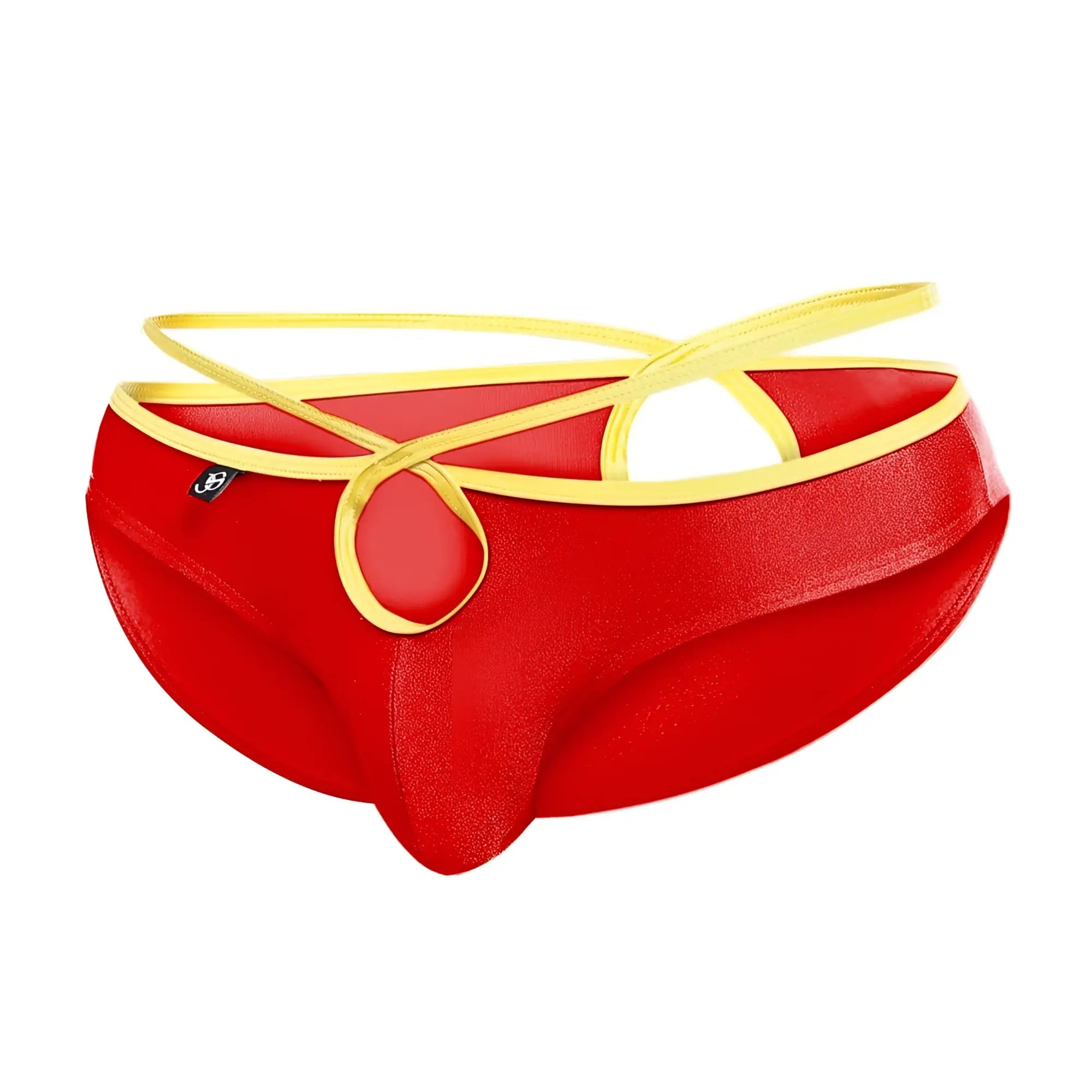 Joe snyder holes bikini red and gold men’s briefs with shiny stretchy fabric and crisscross yellow elastic straps