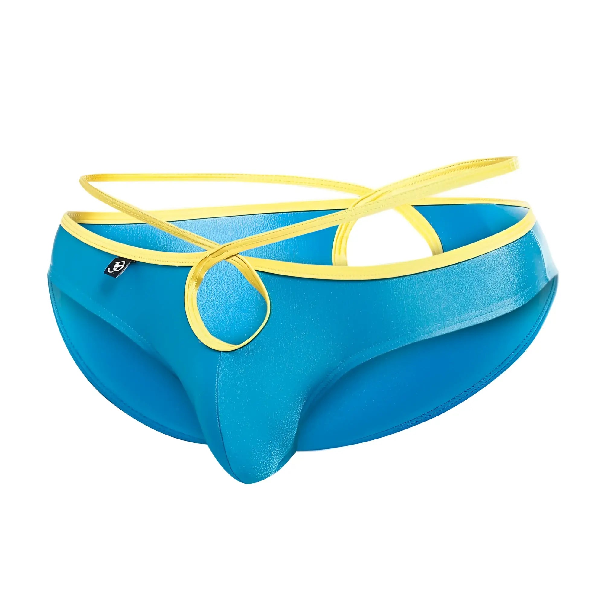 Joe Snyder Holes Bikini vibrant blue satin swim trunks with shiny finish and contrasting yellow elastic straps crossing front