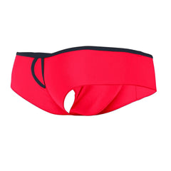Bright red joe snyder holes mini cheek swim trunks with black trim and distinctive cutout design visible from front