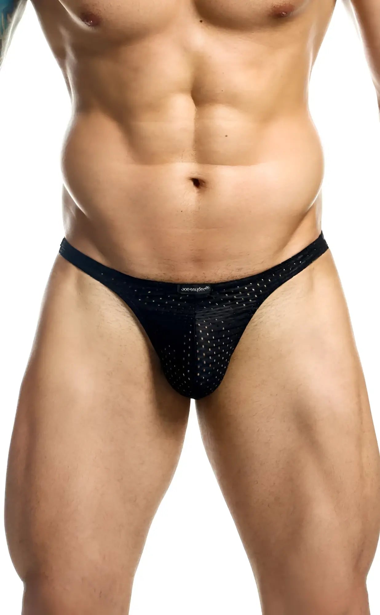 Black mesh thong with perforated design and small brand tag at waistband joe snyder holes thong back side view