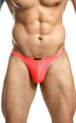Joe Snyder Holes Thong bright coral pink mesh briefs with subtle perforated texture and black brand tag at waistband
