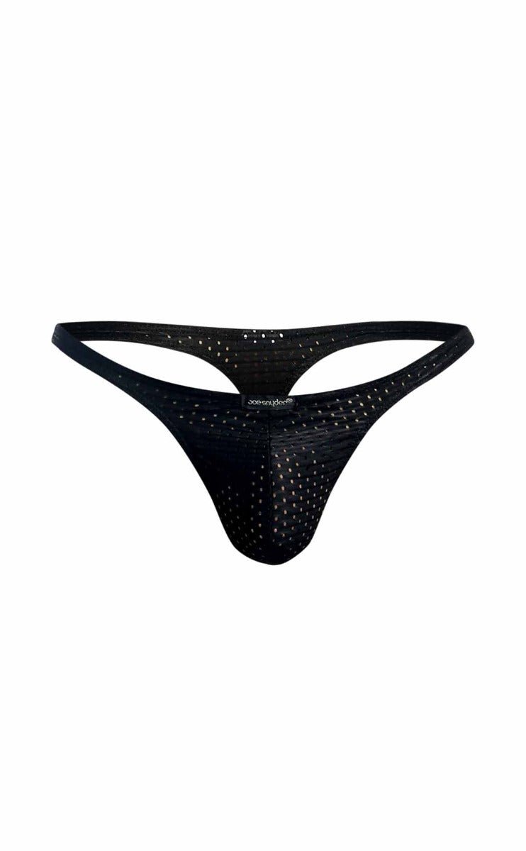 Black mesh joe snyder holes thong with perforated design and jockstrap brand name on waistband front view