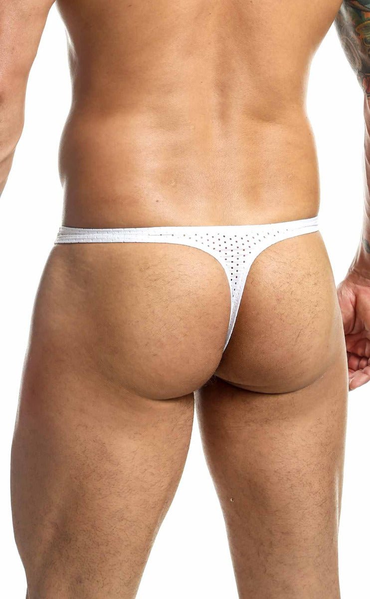 White mesh joe snyder holes thong with perforated design showing front side for breathable comfort