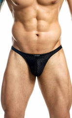 Black mesh thong with perforated design and small brand tag at waistband joe snyder holes thong back side view
