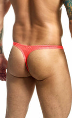 Bright red joe snyder holes thong with mesh texture and minimalist design shown from the back side