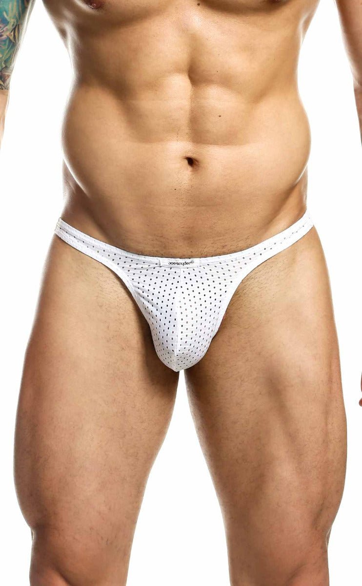 White mesh thong with small black dots by joe snyder featuring breathable material and stylish design