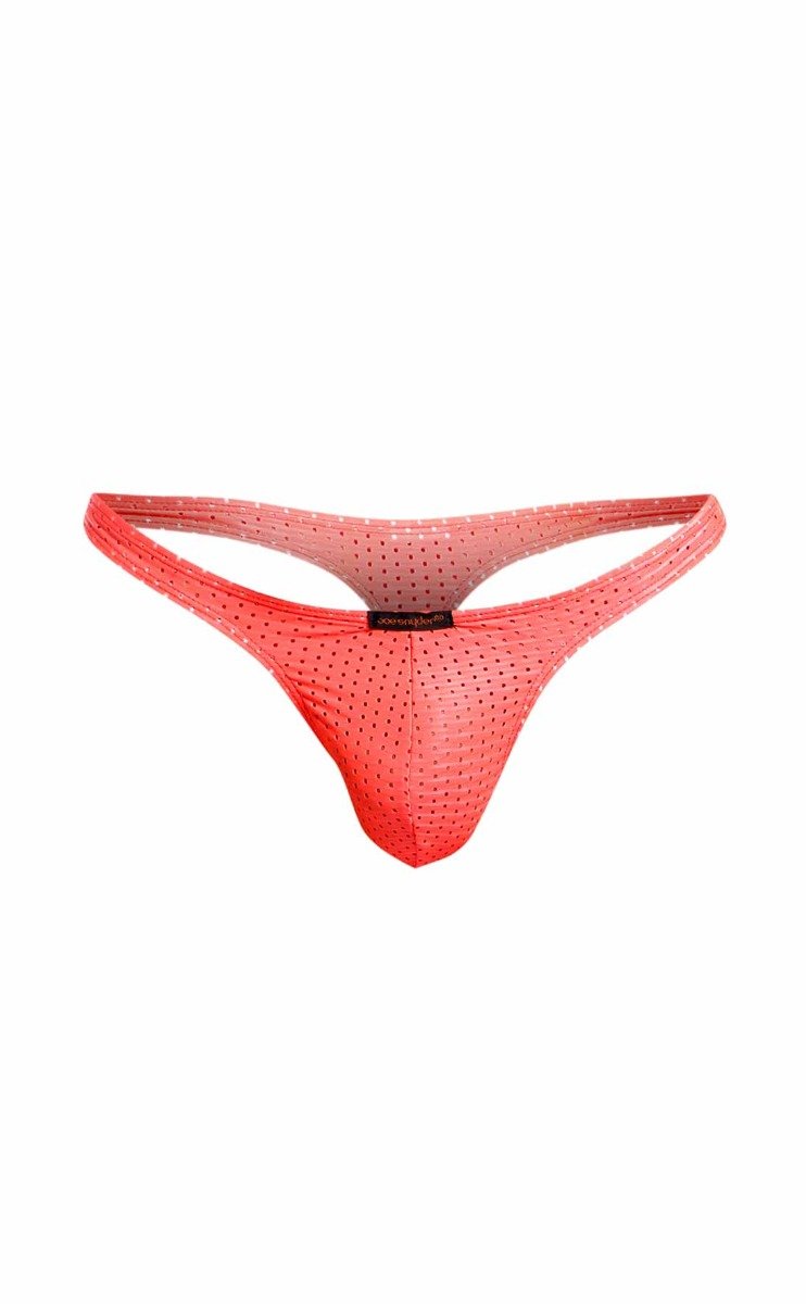 A vibrant coral-colored sheer mesh joe snyder holes thong with subtle gradient and small perforations throughout design
