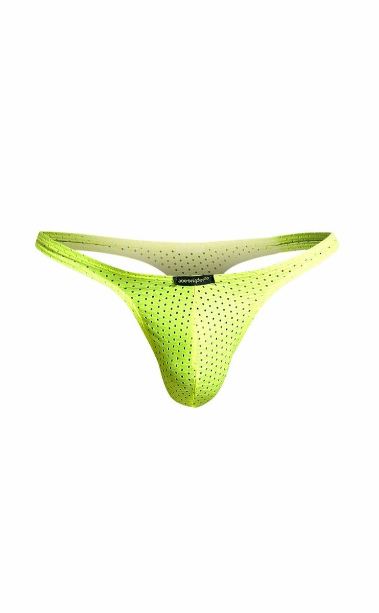 Joe snyder holes thong vibrant neon green mesh thong with subtle gradient fade to lighter green waistband front view