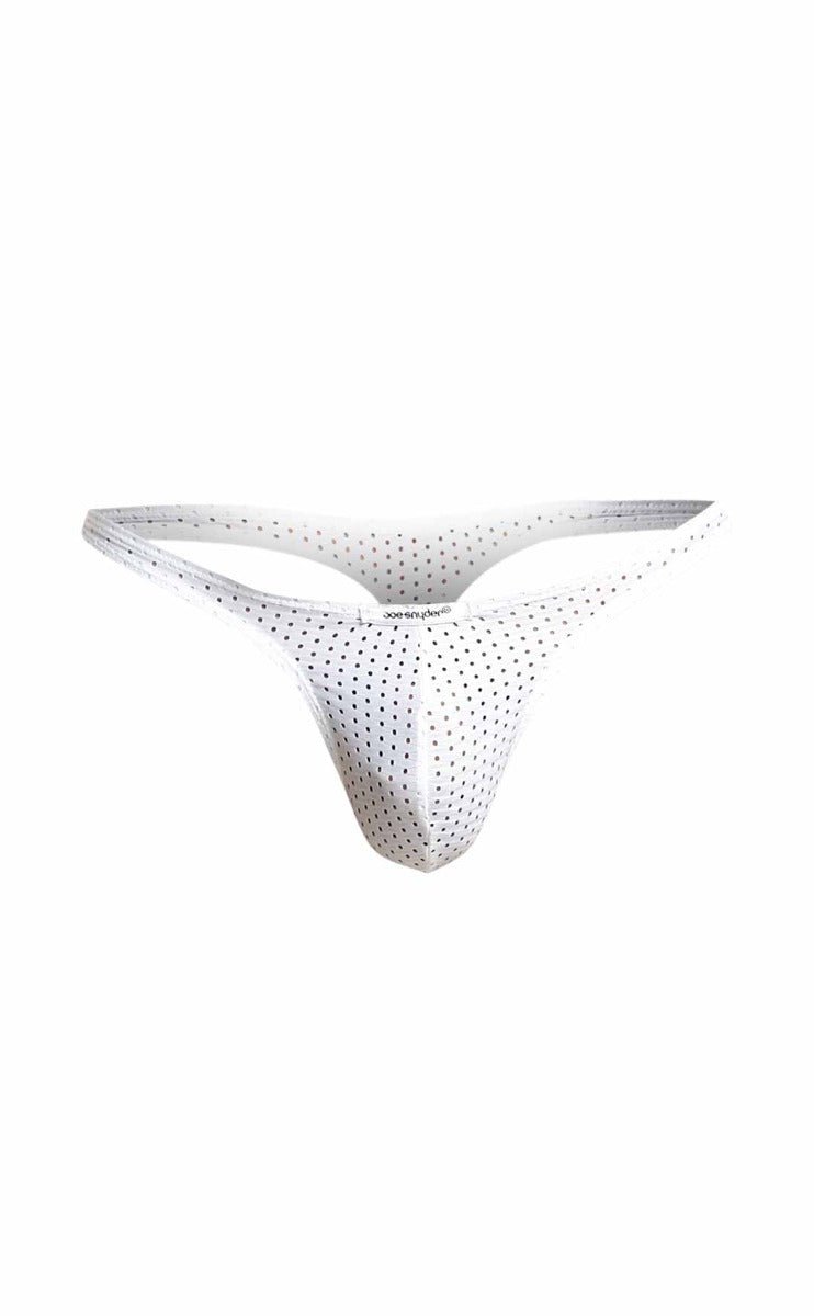White perforated joe snyder holes thong with sleek minimalist design shown from the back side