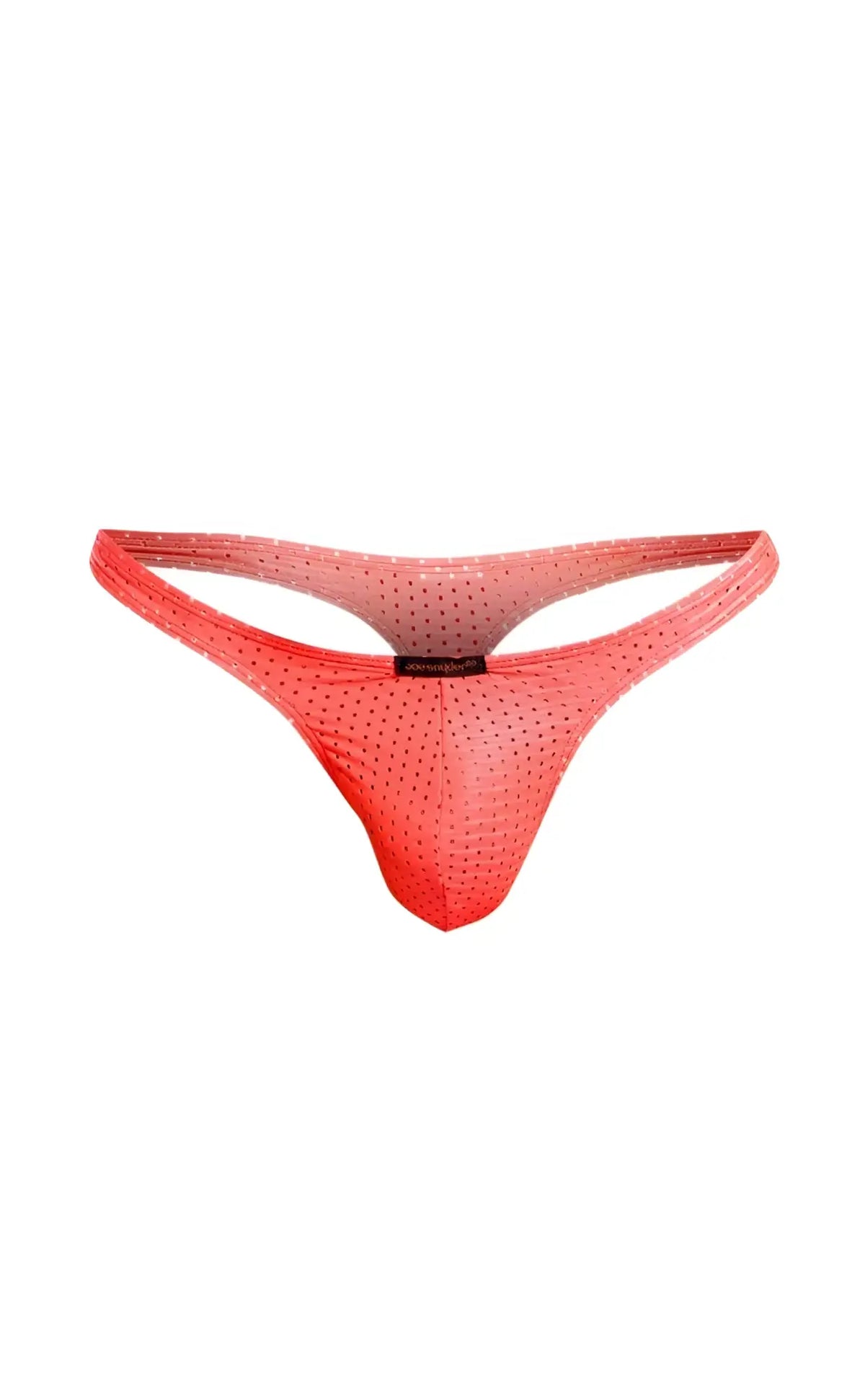 A vibrant coral-colored sheer mesh thong with subtle gradient and small perforations by Joe Snyder Holes thong