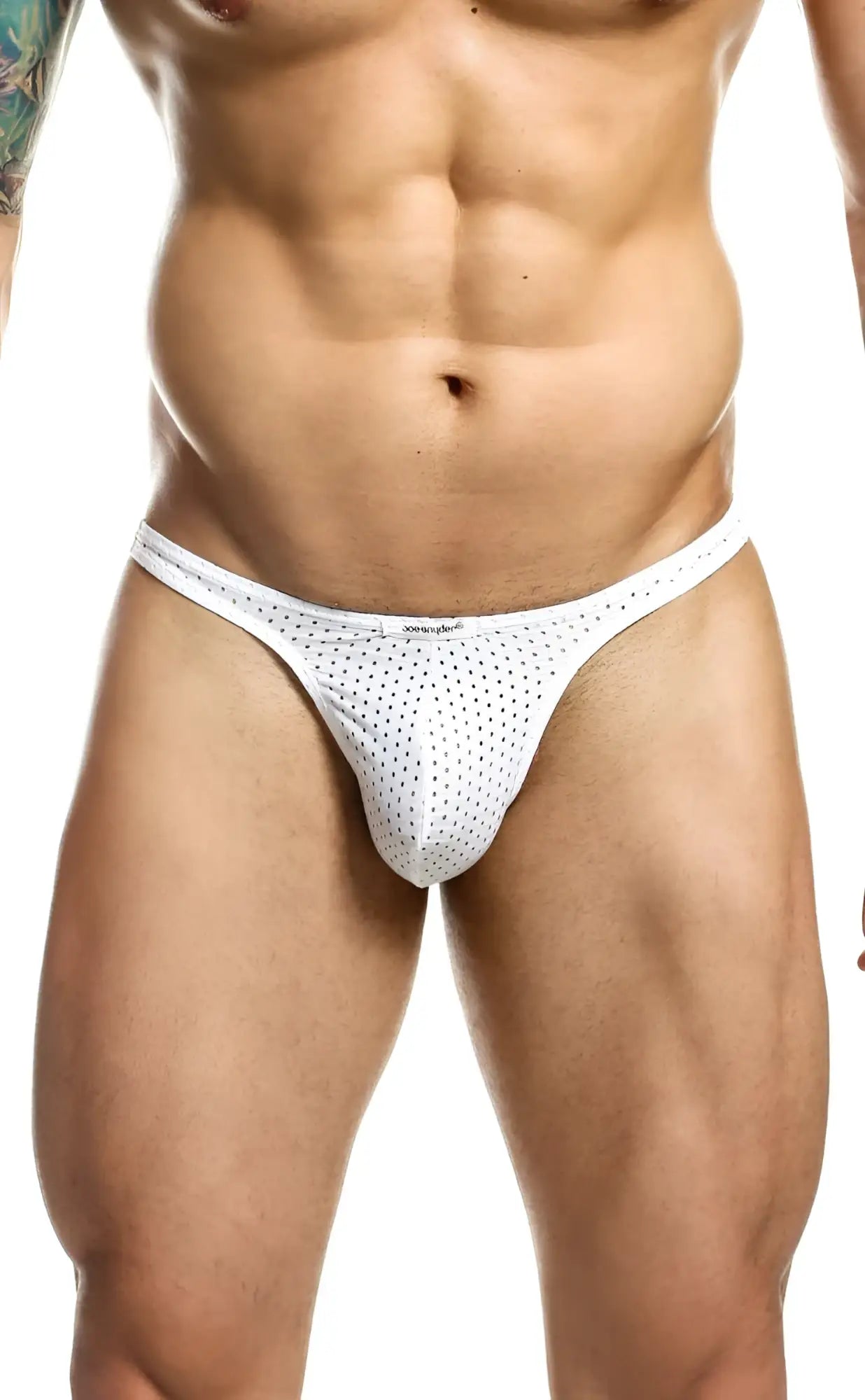 White mesh thong with small black dots by joe snyder featuring breathable material and stylish design