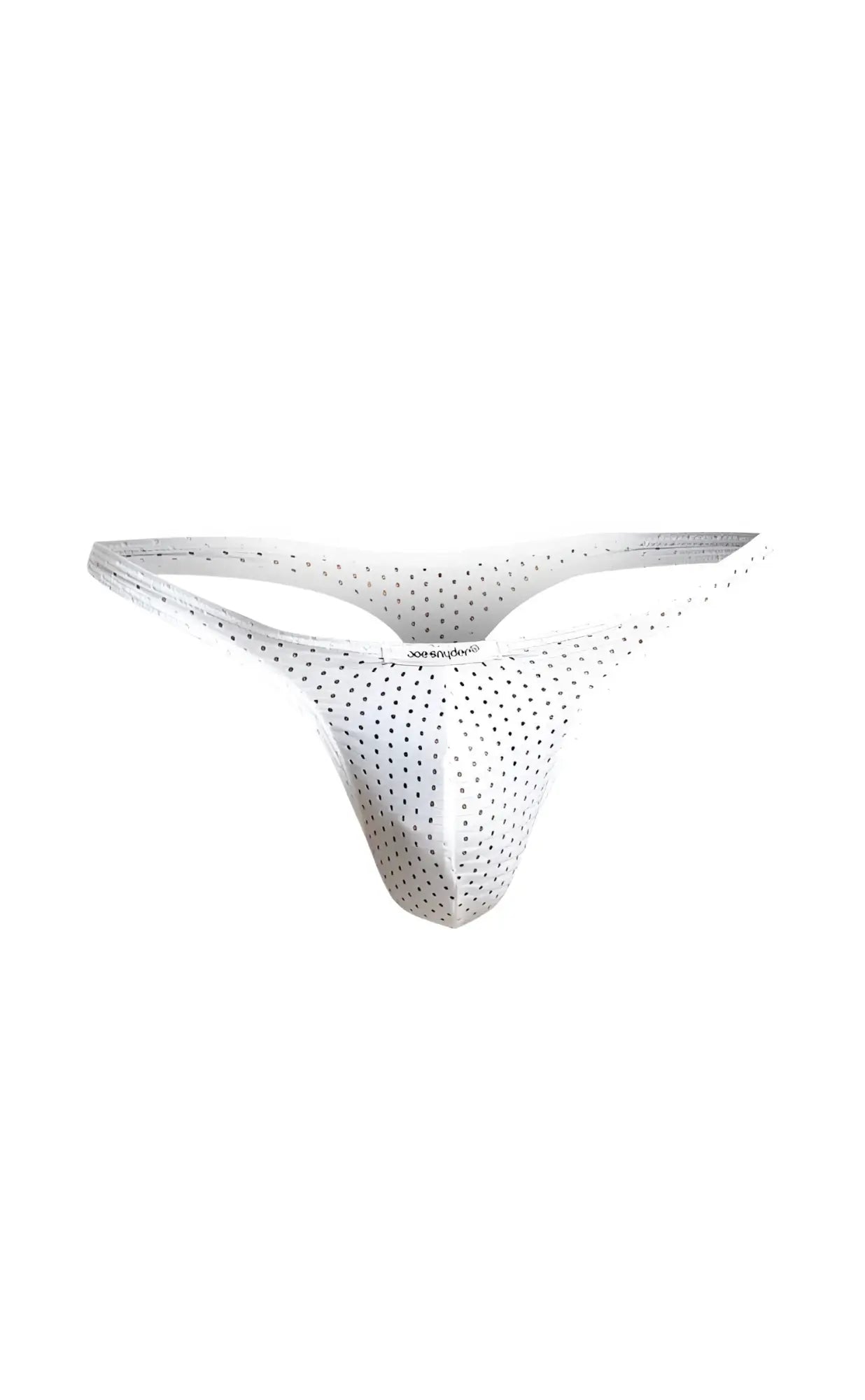 White perforated joe snyder holes thong with a sleek minimalist design shown from the back side