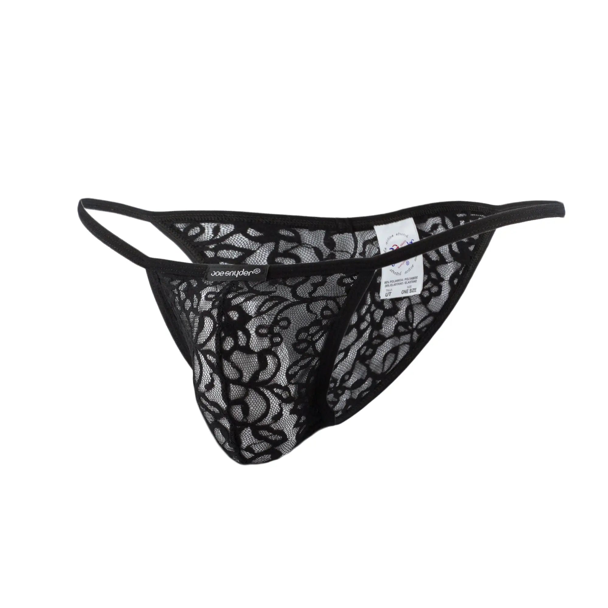 Black lace thong joe snyder kini with intricate floral patterns and a thin elastic waistband shown from the back