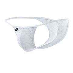 White perforated mesh men’s thong with sleek contoured design and subtle joe snyder branding tag for comfort