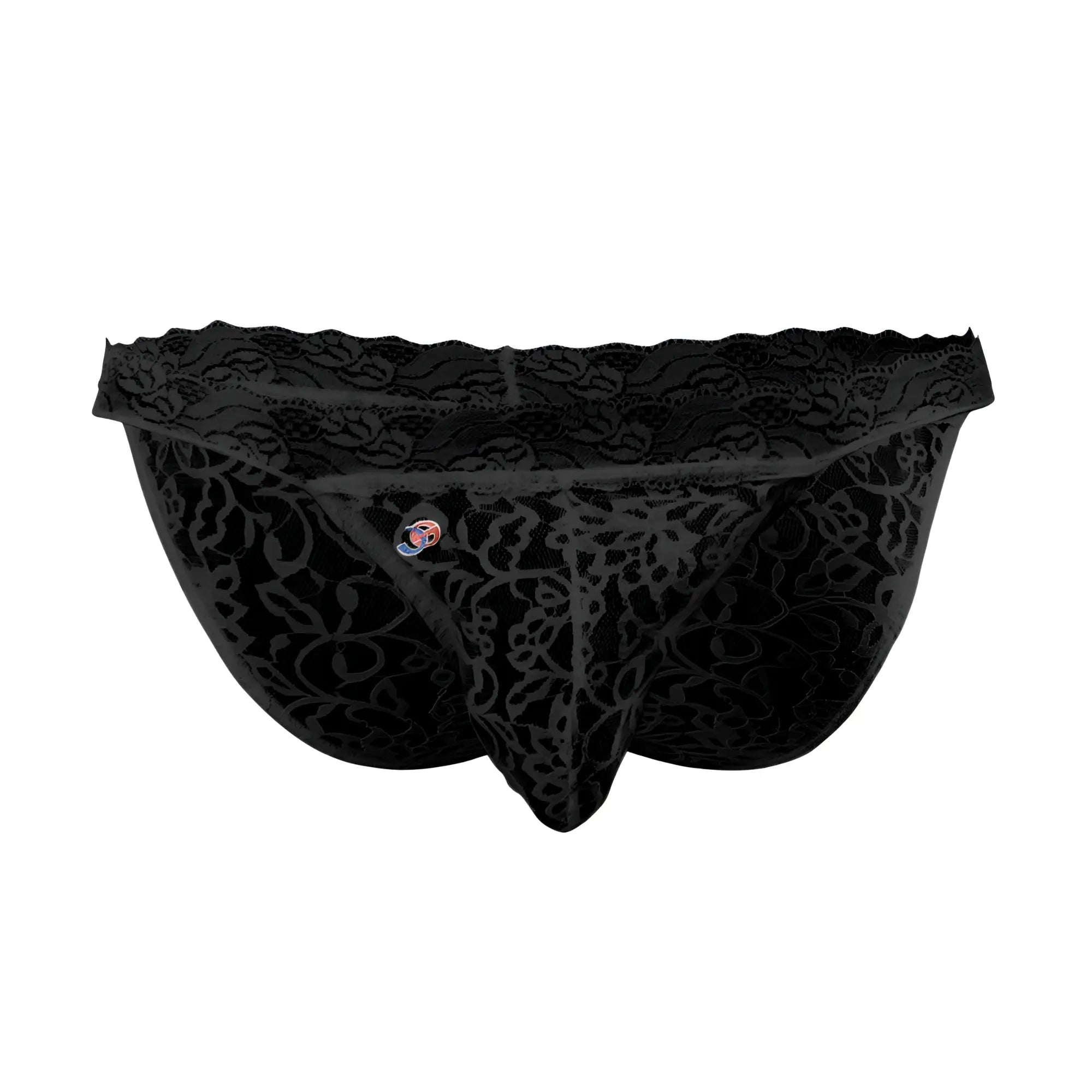 Black lace low rise bikini brief with intricate floral patterns and scalloped waistband by joe snyder