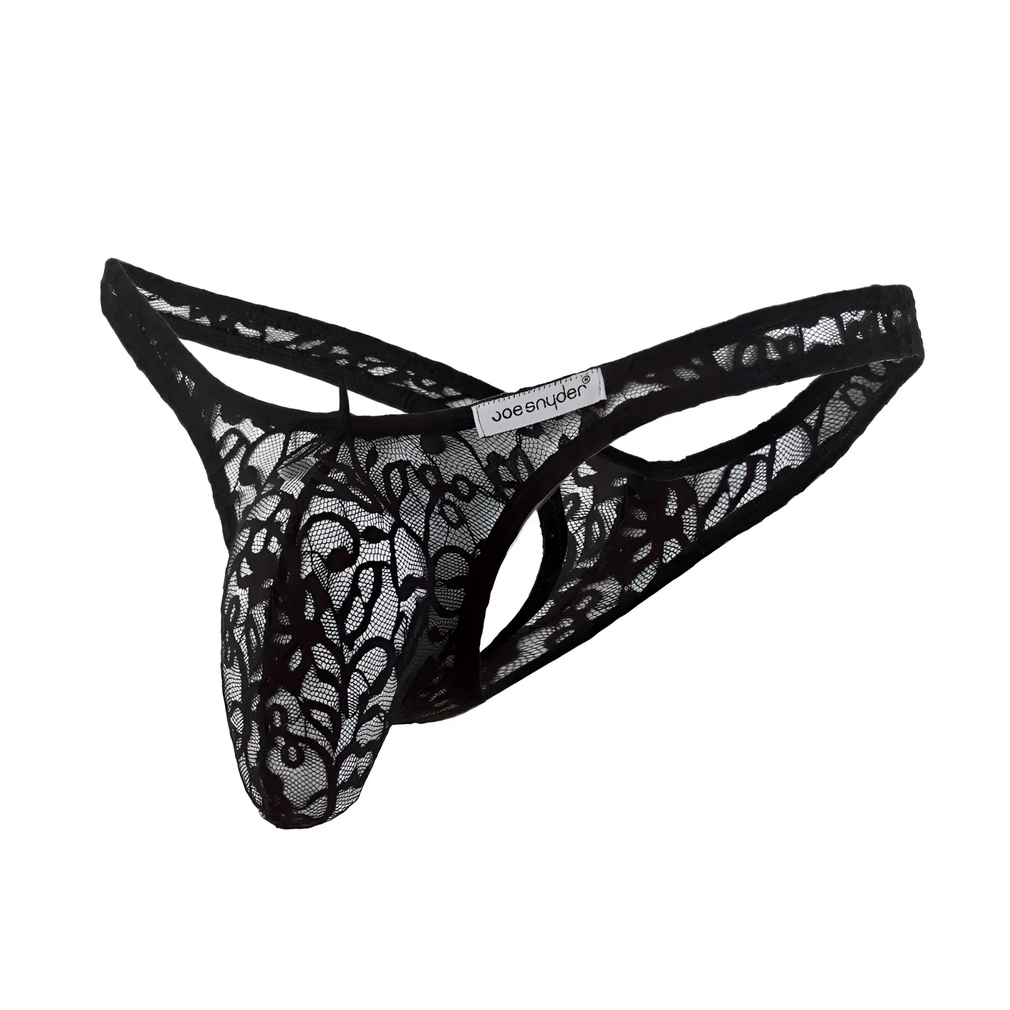 Black lace thong with intricate floral patterns and joe snyder branded label designed as a maxi bulge thong