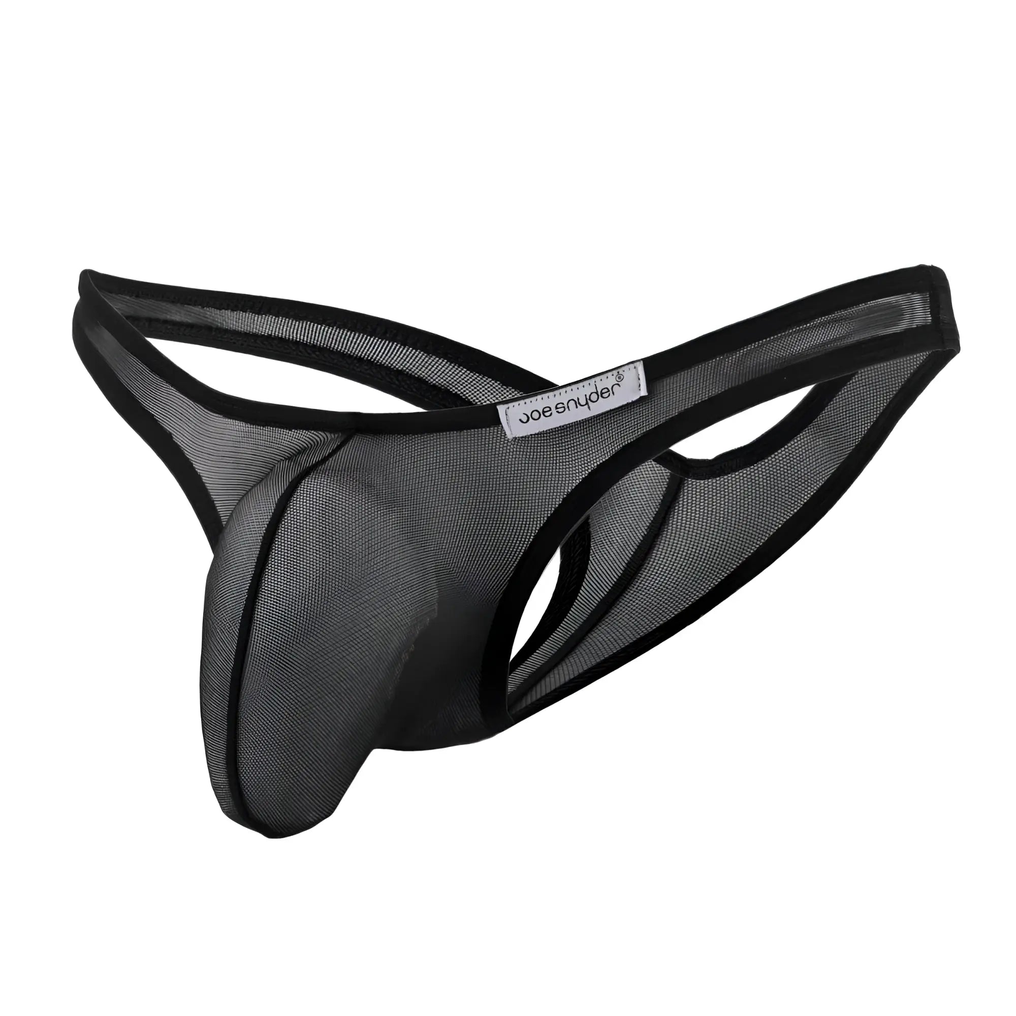 Black mesh joe snyder maxi bulge thong with black trim and branded label in front view