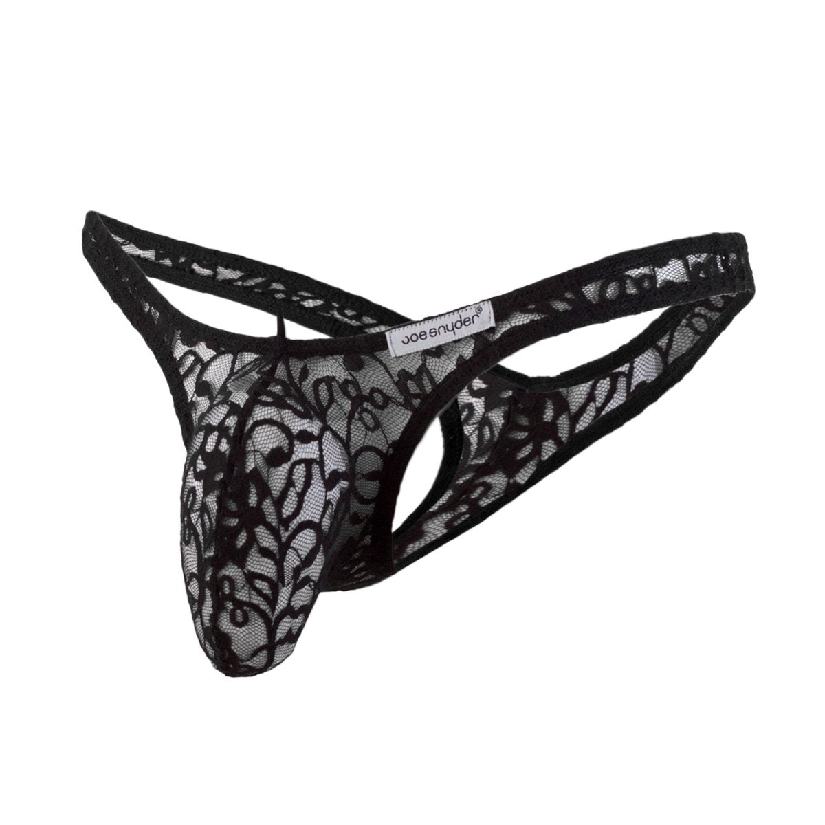 Black lace joe snyder maxi bulge thong with intricate floral patterns and branded label on the front side