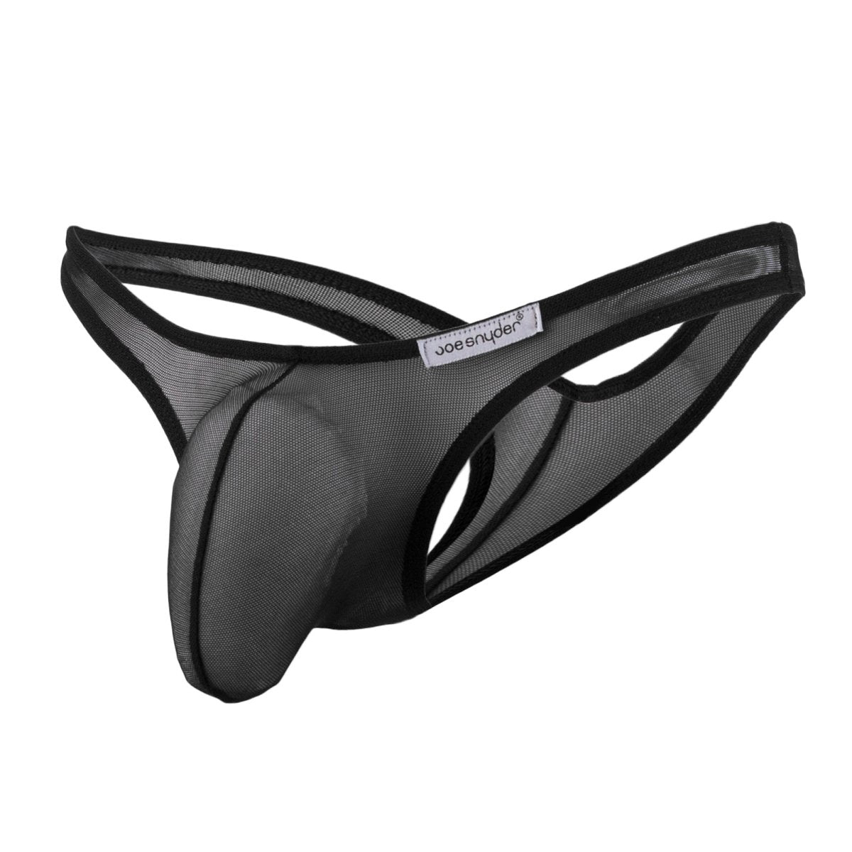 Black mesh thong with black trim and joe snyder brand label shown from the back in joe snyder maxi bulge thong style