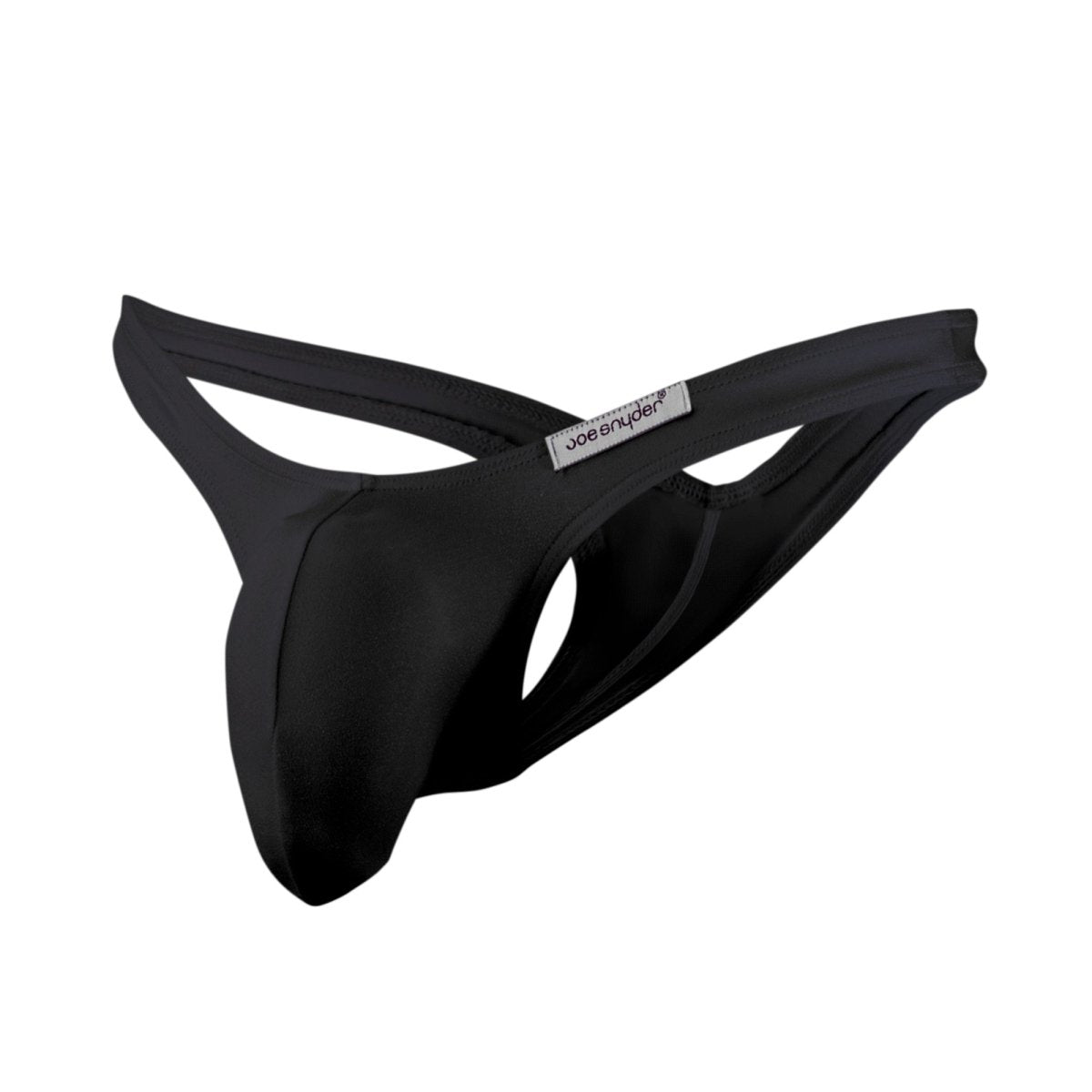 Black joe snyder maxi bulge thong made of smooth stretchy fabric with sleek minimalist design shown from the back