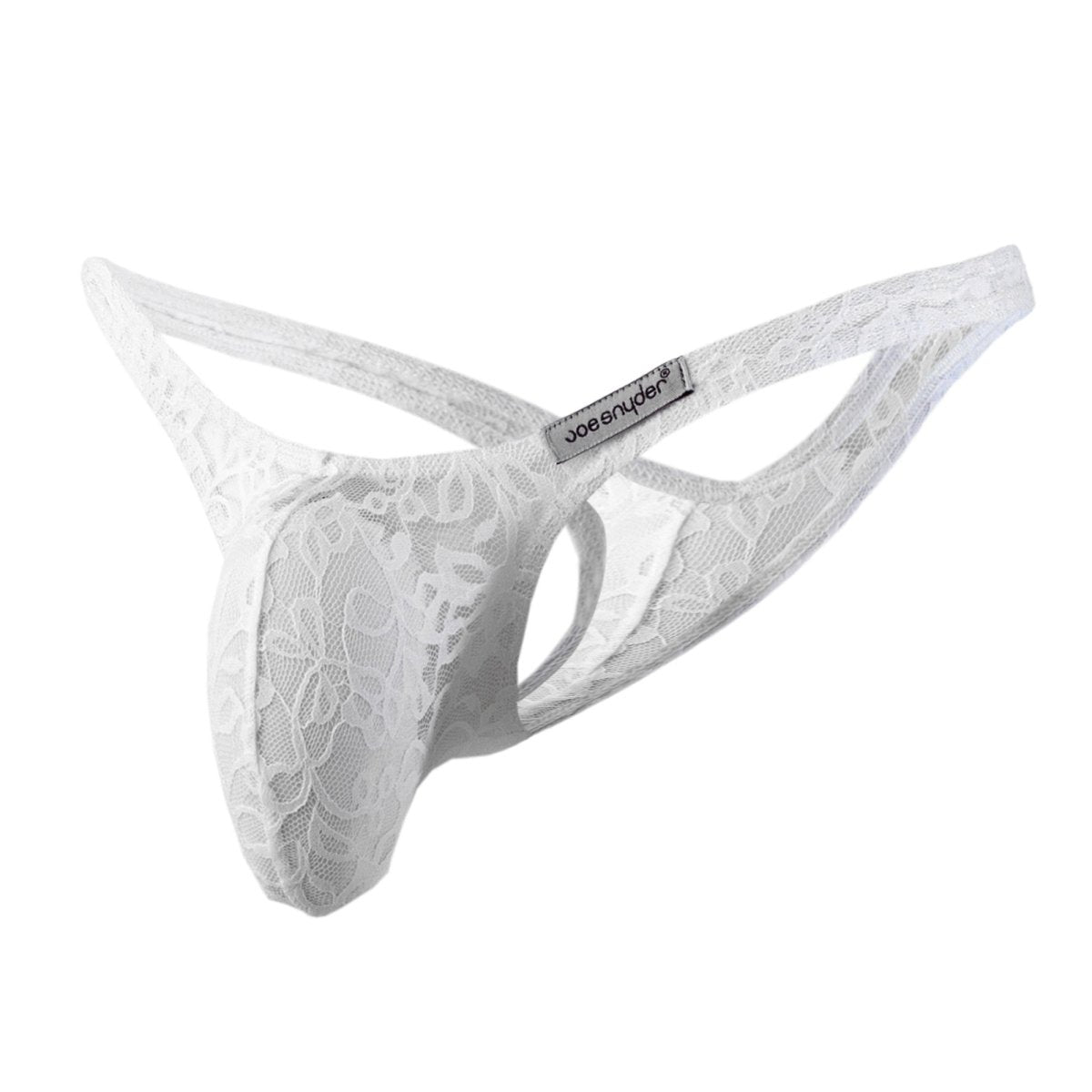 White lace thong with floral pattern and joe snyder brand tag in the joe snyder maxi bulge thong product line