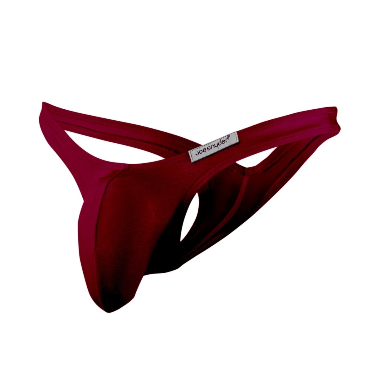 Deep red satin-like fabric joe snyder maxi bulge thong with sleek contoured design and visible brand label