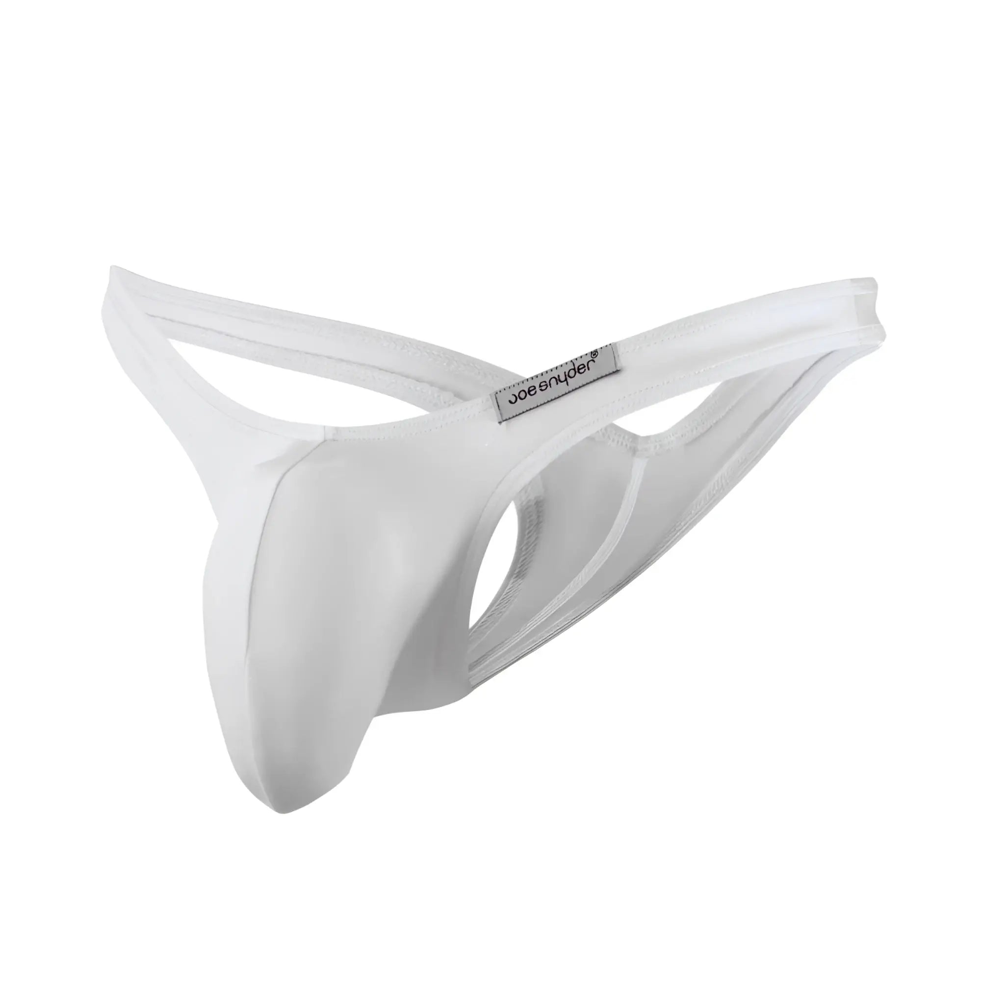 White Joe Snyder maxi bulge thong made of smooth, form-fitting fabric with a sleek, minimalist design front view