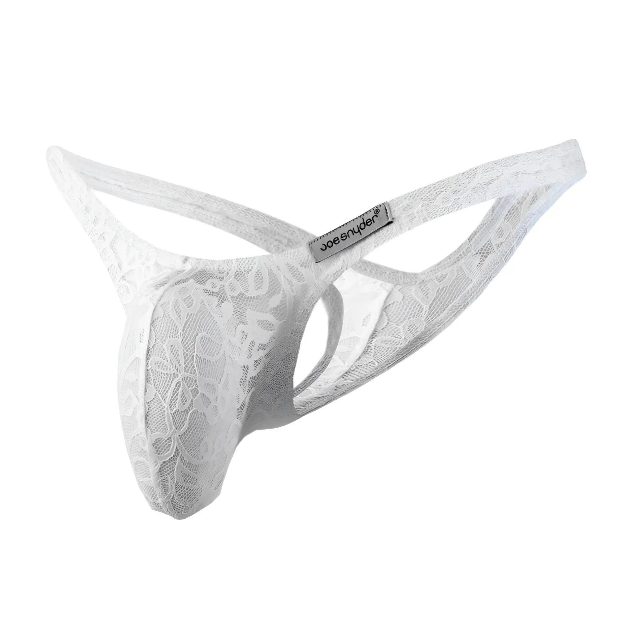 White lace thong with floral pattern and joe snyder brand tag in the joe snyder maxi bulge thong product line