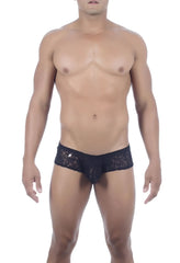 Black lace men’s underwear with intricate floral patterns by joe snyder maxibulge cheek jsmbul05 showing front view