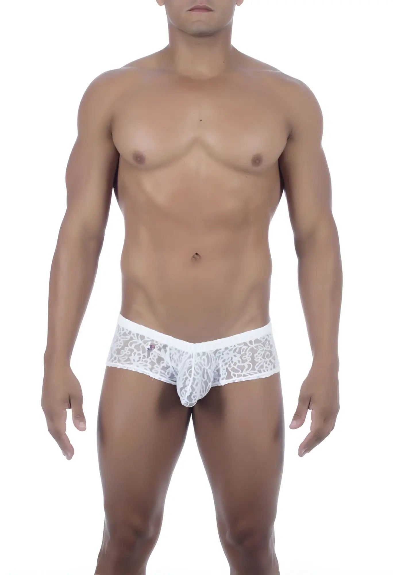 White lace men’s underwear with intricate floral pattern and central pouch design by joe snyder maxibulge jsmbul05