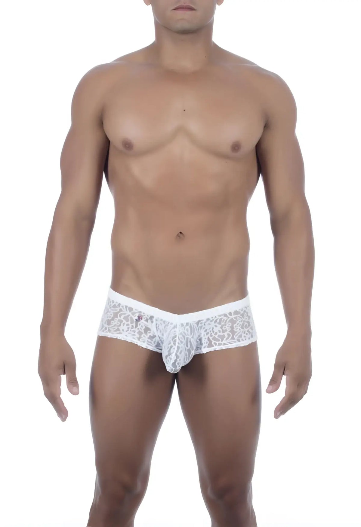 White lace men’s underwear with intricate floral pattern and central pouch design by joe snyder maxibulge jsmbul05