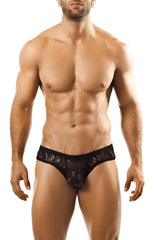 Black lace thong with intricate floral patterns in mesh fabric showing the back side by Joe Snyder mini cheek mesh