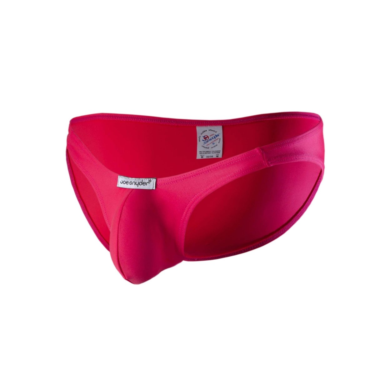 Bright pink joe snyder polyester bulge full bikini briefs with smooth form fitting fabric and sleek contoured design