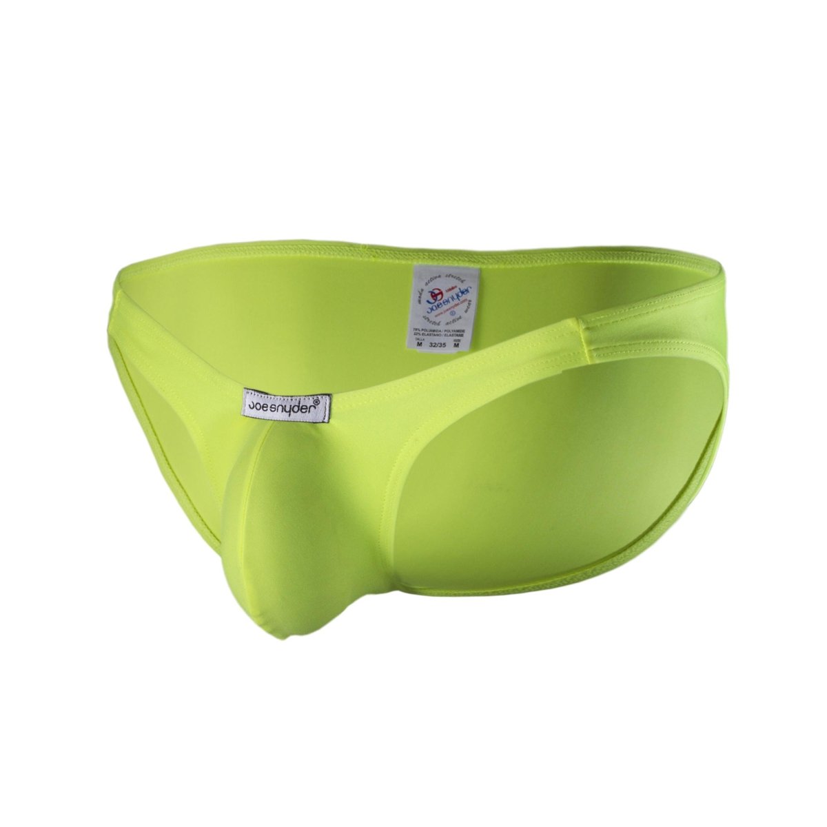 Bright lime green joe synder polyester bulge full bikini briefs with smooth form-fitting design