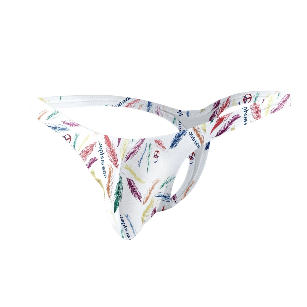 White polyester joe snyder bulge tanga thong with colorful feather pattern and repeating phue text and logo