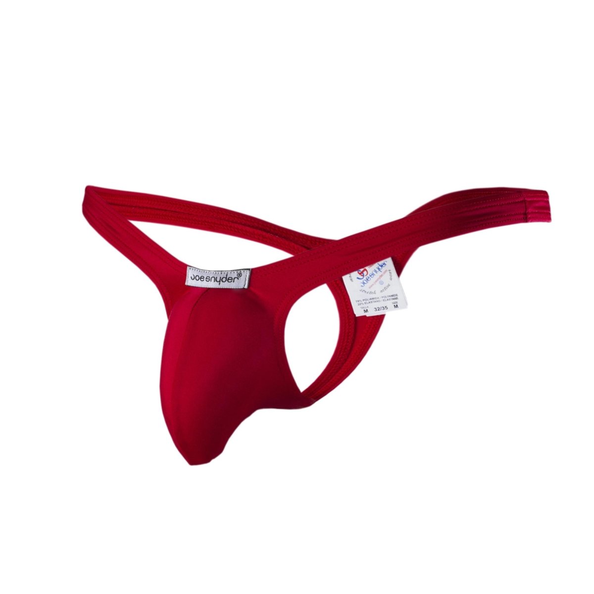 Red joe snyder thong made of stretchy polyester fabric with supportive contoured design for bulge tanga style