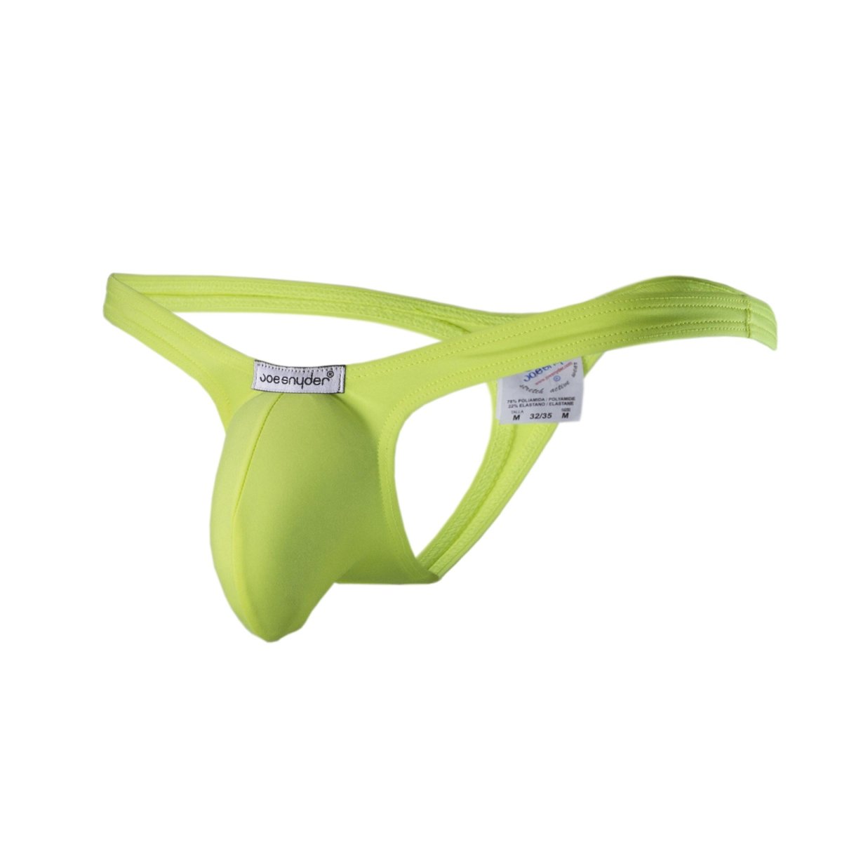 Bright lime green joe snyder polyester bulge tanga thong made of stretchy fabric with a supportive contoured design
