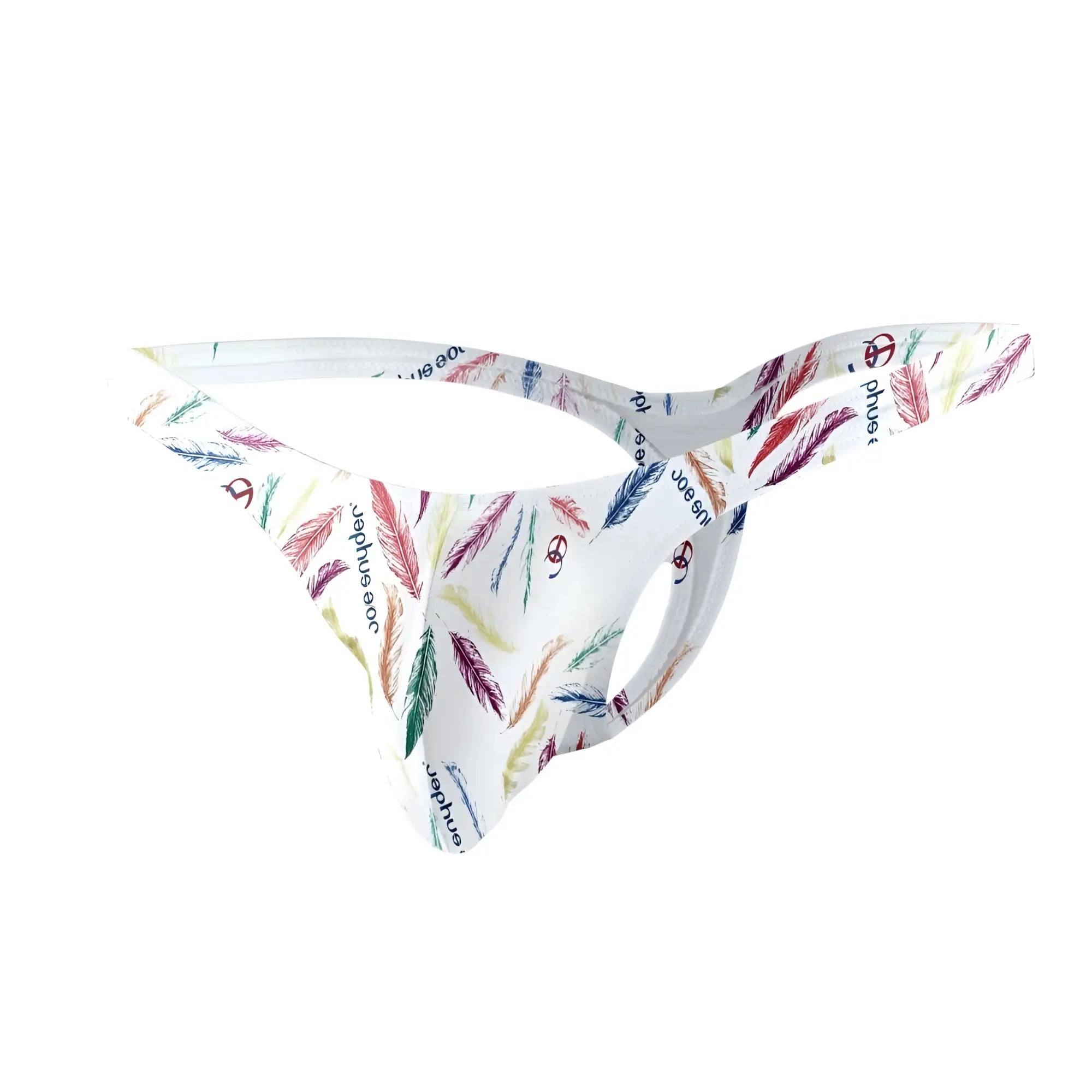 White thong joe snyder polyester bulge tanga with colorful feather pattern and repeated phue text and logo