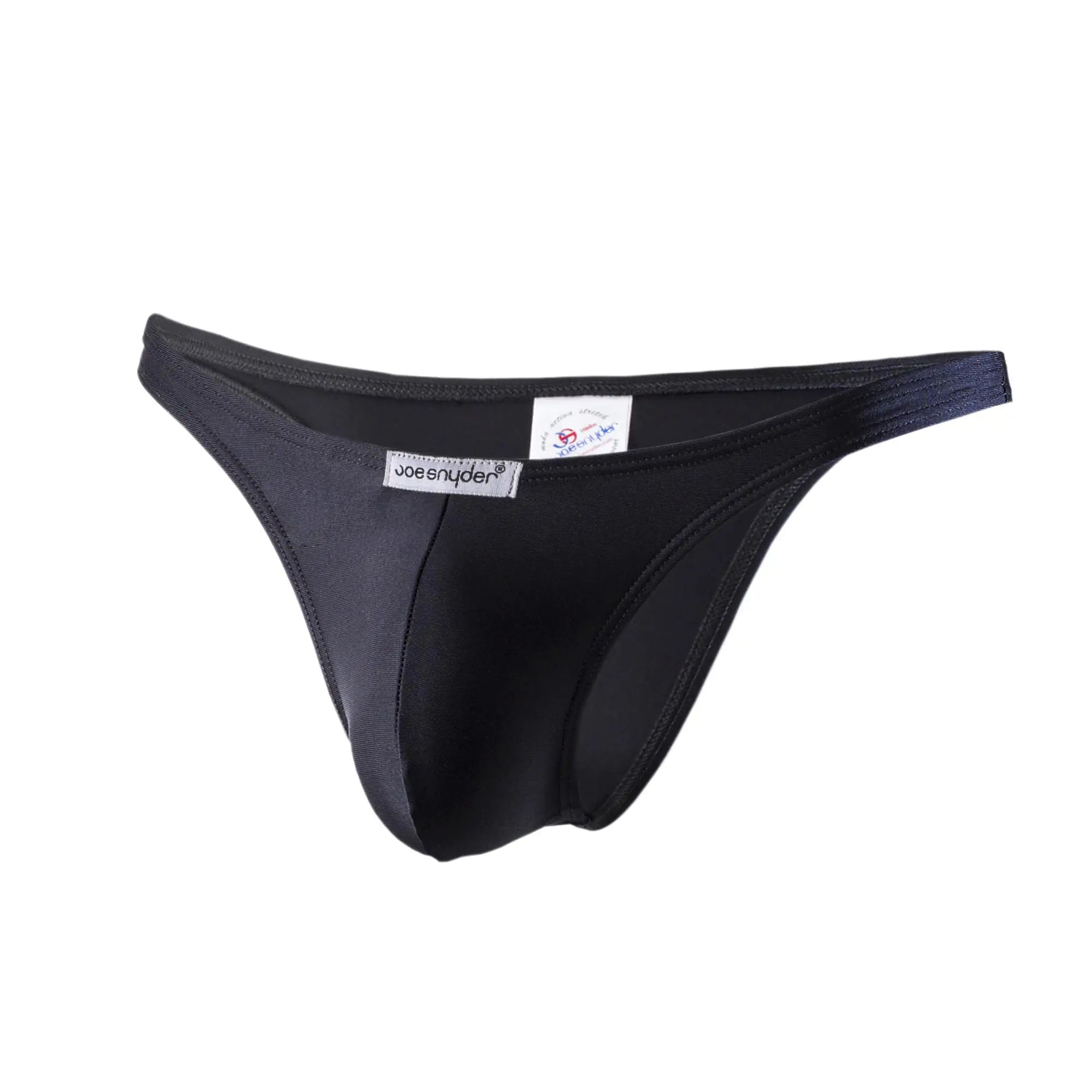 Black joe snyder thong with smooth form-fitting design and elastic waistband made from polyester capri material