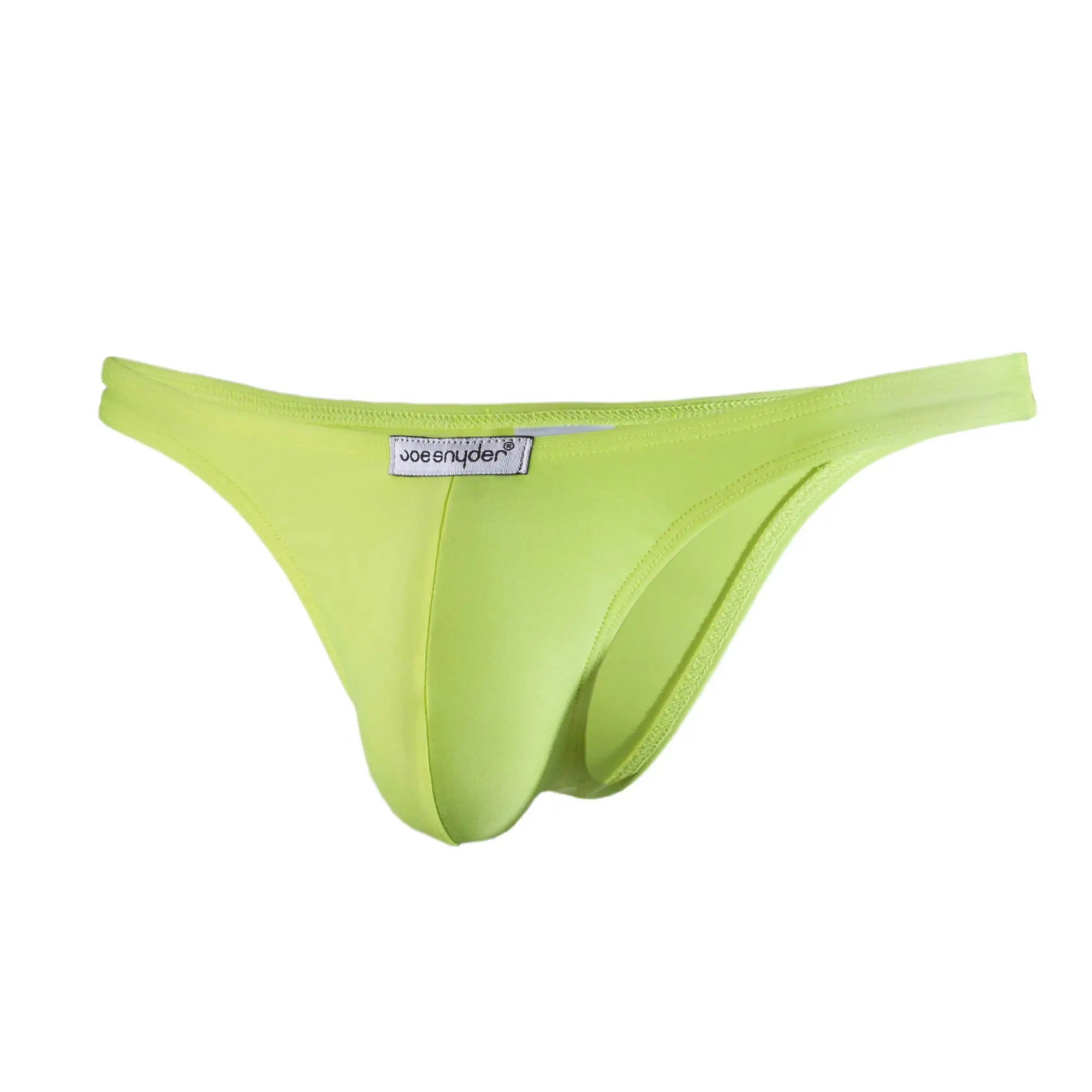 Bright lime green Joe Snyder thong made of smooth stretchy fabric with a sleek form-fitting design front view