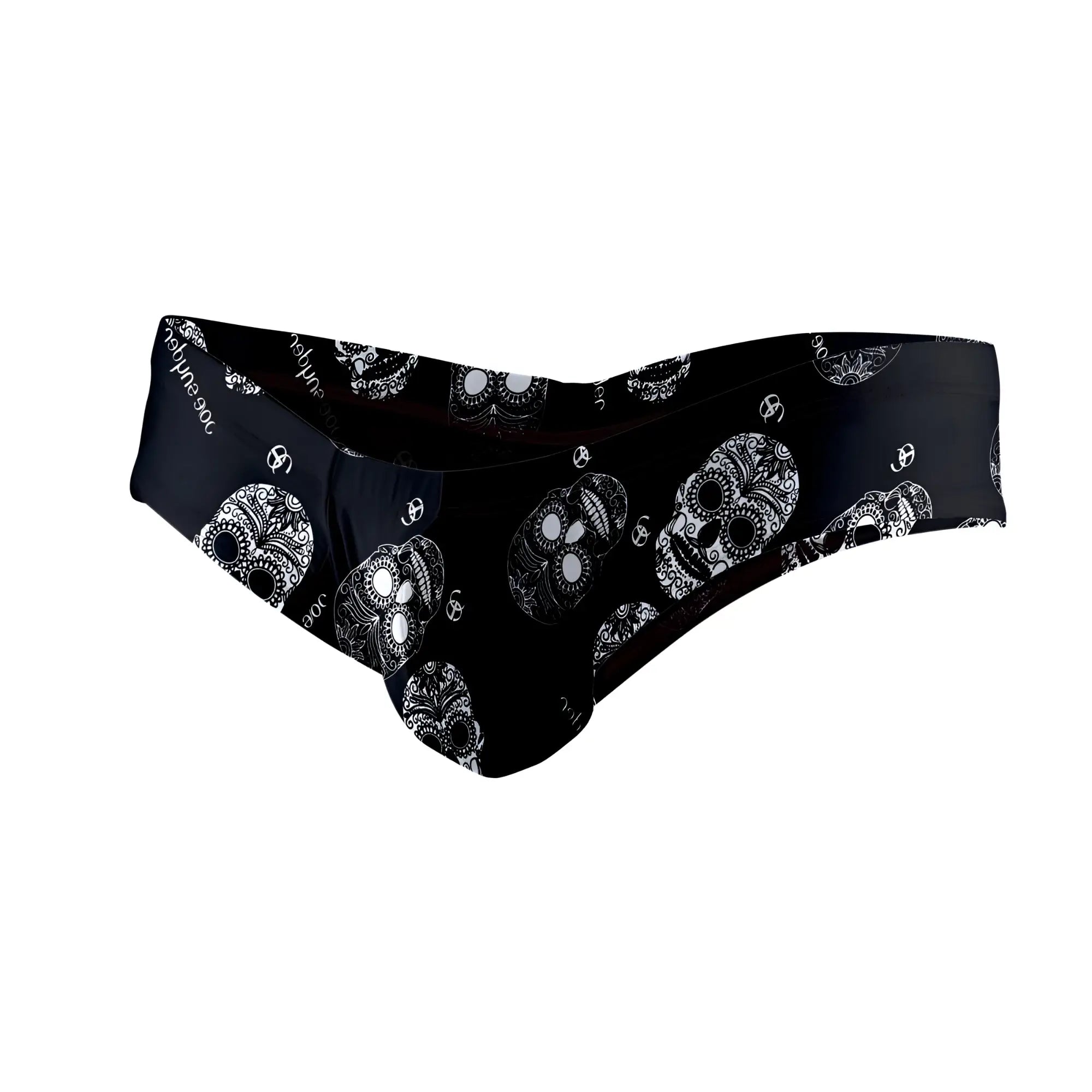 Black Joe Snyder polyester mini cheek swim trunks with bold white sugar skull pattern front view