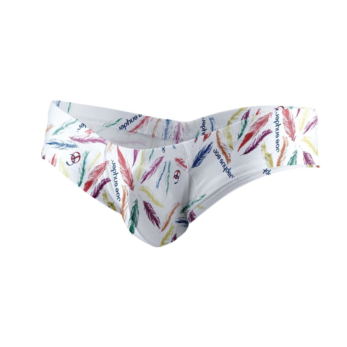 White polyester joe snyder mini cheek briefs with vibrant multicolored feather pattern and repeating logo