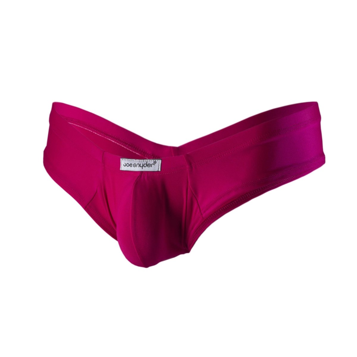Fuchsia polyester satin mini cheek briefs by joe snyder showing the back side with a cheeky fit