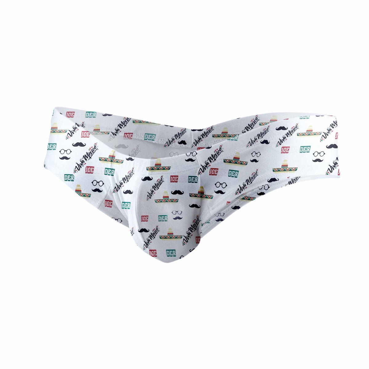 White men’s polyester mini cheek briefs by joe snyder with a playful sombrero mustache and glasses pattern